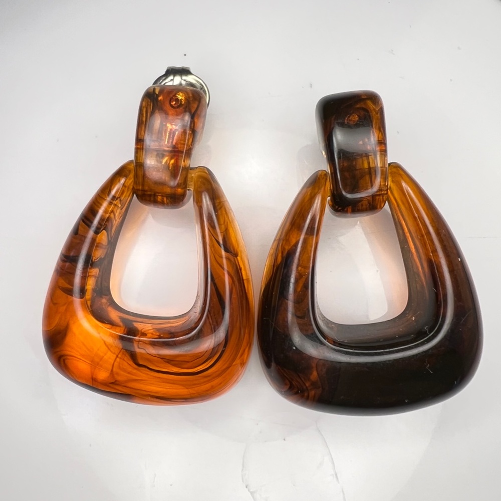 Vintage Lucite Tortoise Shell Door Knocker CLip on  Earrings